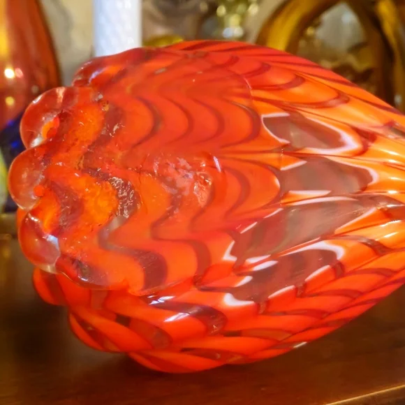 Murano Style Type Duck 9"L x 5"W x 7"H - Vibrant Reddish Orange Swirl Colors - Picture 6 of 12